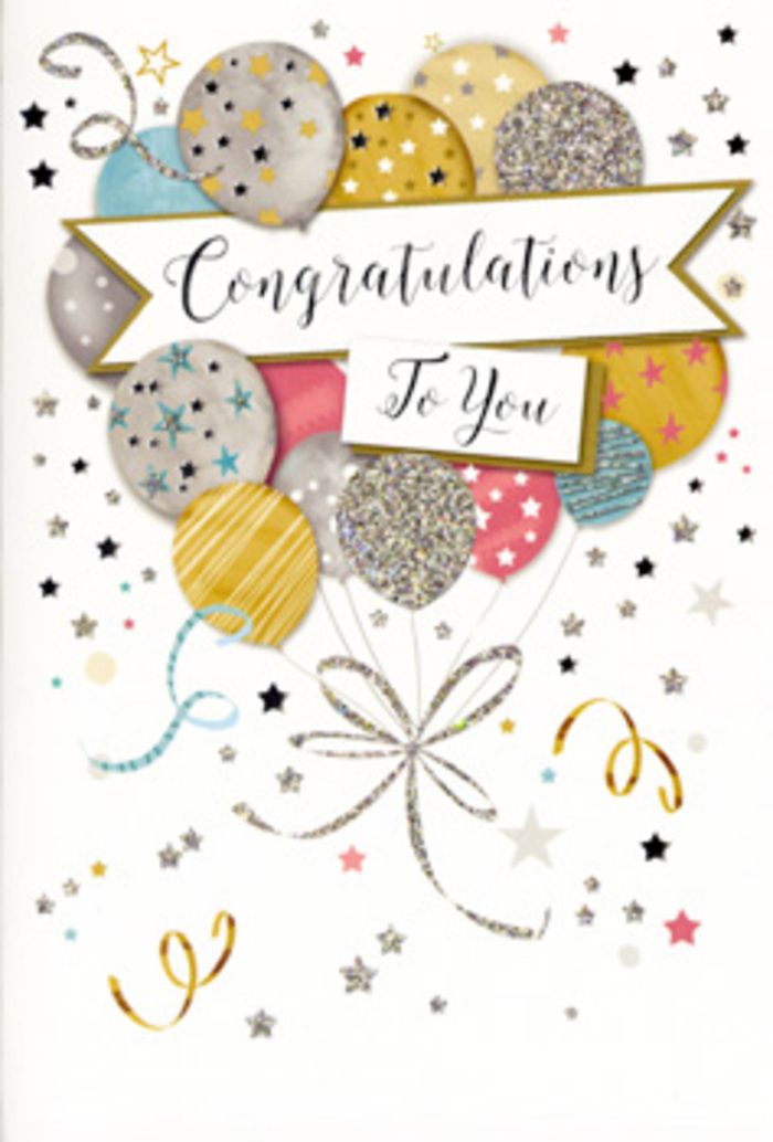 This elegant congratulations card illustration feels like a refined celebration, the sort of thoughtful finishing touch you might add to a bouquet before delivering it across Bracknell. The design centres on a generous bouquet of illustrated balloons, layered in front of one another to create depth and a sense of lift. Soft metallic shades of gold, silver, champagne, sky blue, blush pink, and muted grey are carefully balanced so no colour overpowers the rest. Each balloon carries intricate surface detail-tiny twinkling stars, dainty stripes, or a dusting of confetti-style dots-suggesting subtle glitter that would catch the light like sunlight over Lily Hill Park. From the base of the balloon cluster, fine gold and silver ribbons swirl downward, curling over themselves in loose spirals that hint at gentle movement, as though the balloons have just been handed to someone stepping out of a celebration at the town centre. A classic banner stretches gracefully across the middle, lettered with Congratulations To You in flowing script that feels both timeless and sincere. Surrounding the central motif, a scattering of metallic stars and playful streamers drifts across a pale, softly textured background, echoing the spontaneous joy of confetti tossed at the end of a ceremony. The illustration suggests tactile richness: smooth, glossy ink, slightly raised glitter accents, and foil details that shimmer when turned toward the light. Overall, the card conveys warmth, pride, and polished celebration-perfect for graduations, promotions, exam success, or any hard-earned achievement in Bracknell-especially when paired with a hand-tied congratulations bouquet arriving fresh to the recipient's door.