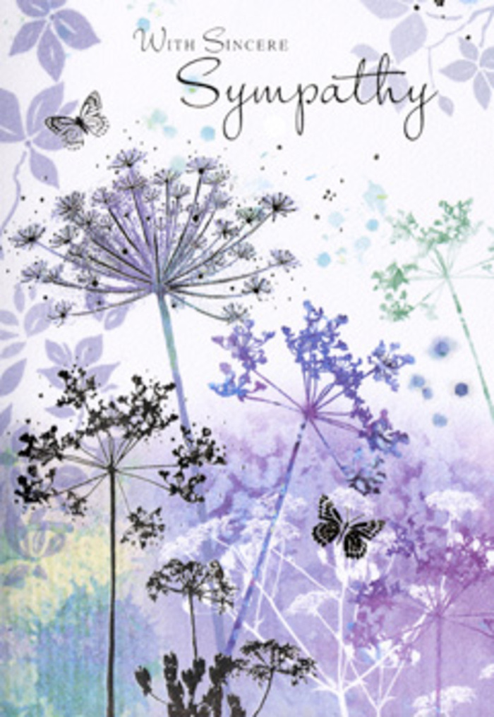 The design of this sympathy card feels like a peaceful pause on a quiet Bracknell afternoon, captured in flowing washes of colour and fine, botanical detail. From the base of the card, tall, slender stems climb upwards, each crowned with delicate, umbelliferous clusters painted in muted shades of lilac, lavender, and soft blue. The flower heads are made up of many tiny star-like florets, rendered so lightly that they almost dissolve into the surrounding air, suggesting movement even though the image is still. Silvery greens and soft greys trace the stems and sparse leaves, adding structure without heaviness. Behind these graceful silhouettes is a blended background of violet and cool blue tones, diffused like distant trees seen through morning mist along the paths near Coral Reef. The colour transitions are smooth and feathery, with no sharp lines, allowing the eye to drift gently from one area to another. A couple of faint butterflies hover above the blooms, their gossamer wings touched with barely-there hints of purple and blue, evoking the idea of the spirit's quiet journey and the persistence of hope. The light feels soft and even, as though filtered through thin cloud, creating a mood of tenderness and contemplative calm. For someone in Bracknell seeking a card that expresses sympathy with dignity and subtlety, this design offers a visual embrace - nature's fragile forms holding space for sorrow, remembrance, and the enduring comfort of shared care.