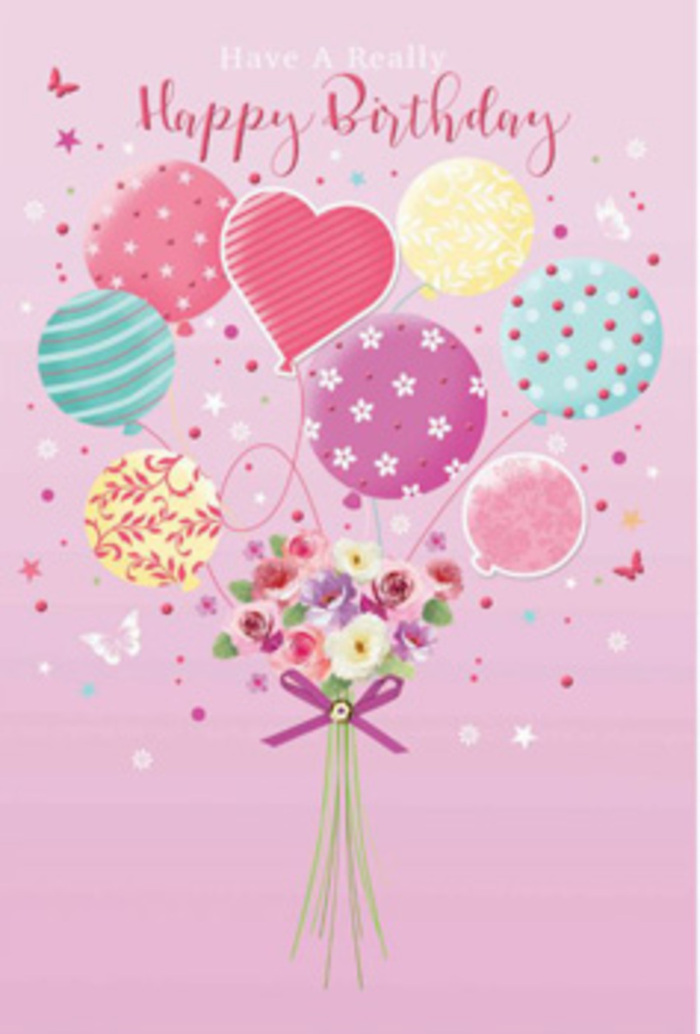 In this gently jubilant birthday illustration, a bouquet of balloons and flowers seems to hover weightlessly, as if drifting above the leafy paths around South Hill Park in Bracknell. The background is a soothing blush pink, creating a calm but celebratory canvas for the details. At the top, pastel balloons bloom like oversized petals: soft rose, pale sunshine yellow, seafoam green, and powdery lavender, each adorned with cheerful designs. Some carry twirling ribbon stripes that curl like streamers at a party, others are sprinkled with dots and tiny floral motifs, and a central heart-shaped balloon glows with quiet affection, symbolising the love behind the birthday wish. From this cloud of colour, fine curling strings lead down to a compact hand-tied bouquet. The flowers are petite roses and daisy-like blossoms, their velvety petals layered in shades from creamy pearl to dusky pink, reminiscent of blooms you might see in a carefully tended Bracknell garden. A rich purple bow secures the stems, its satin loops and trailing ends adding depth and movement to the base of the design. Delicate butterflies and star shapes flutter nearby, suggesting a soft breeze and the excitement of candlelight and shared laughter. The subtle interplay of light and shadow across the balloons and petals gives the image a sense of realism, even as it remains fantastical, like a snapshot of a birthday wish floating upward from a local celebration, ready to brighten someone's day with a floral gift delivered straight to their Bracknell doorstep.