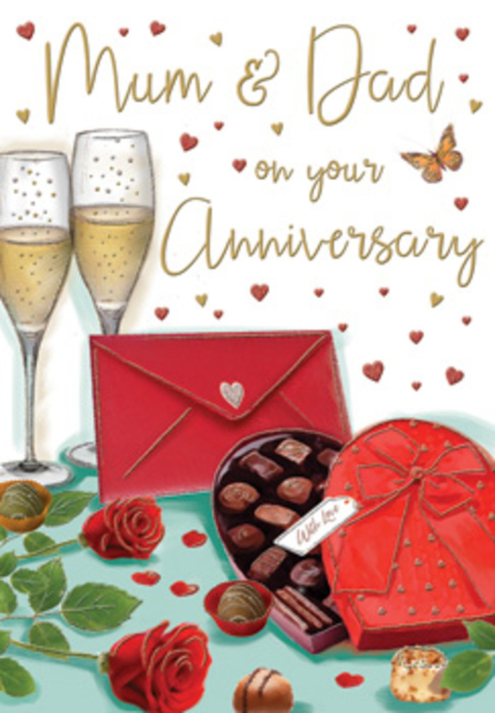 The artwork on this anniversary card creates a rich, romantic tableau, the kind of scene you might imagine after arranging a surprise delivery in Bracknell for parents or a long-married couple. Two elegant champagne flutes rise proudly in the background, their clear glass brimming with pale gold sparkling wine. The bubbles are captured mid-rise, like tiny strings of pearls ascending through the liquid, giving a lively yet gentle energy to the image. In the foreground, a heart-shaped box of chocolates provides a sumptuous focal point. Its deep red lid is pushed open to reveal carefully parked truffles nestled in dark compartments, each chocolate rounded and glossy, suggesting different flavours hidden beneath crisp shells. A bold red ribbon wraps the box, tied into a generous bow whose loops curl softly, as though just arranged by hand. Resting near the box are two plush red roses, the petals layered and velvety, unfolding in a rich spiral from the centre. Their intense crimson shade stands out against the surrounding lush green leaves, which add a sense of freshness, like roses that have just come from a skilled florist's workbench. A few scattered chocolates and tiny golden and red hearts dot the tabletop and background, adding sparkle and movement. Near the base lies a scarlet envelope, angled slightly, its closed flap hinting at a handwritten anniversary message addressed with love, perhaps to Mum & Dad. The soft, warm light bathing the scene gives the entire composition an inviting glow, perfectly capturing the tenderness, indulgence, and gratitude that define a heartfelt anniversary celebrated close to home in Bracknell.