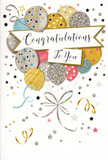 This congratulations card artwork captures the feeling of handing over a joyful surprise in Bracknell, like arriving at a friend's door with flowers and a card after hearing their good news. The scene is dominated by a charming cluster of illustrated balloons, each one rounded and full, gathered together in a loose bouquet that seems ready to float off the page. Soft metallic and pastel tones-warm gold, cool silver, champagne beige, sky blue, blush pink, and misty grey-blend harmoniously, while each balloon is decorated with delicate patterns of stars, stripes, or sparkling speckles that hint at fine glitter. From their bases, slim gold and silver ribbons twist and curl downward in graceful spirals, overlapping as though gently swaying, reminiscent of party decorations after a celebration in Wildridings or near South Hill Park. Across the middle of the design, a gently curved banner carries the words Congratulations To You in elegant, flowing calligraphy, giving the card a sophisticated yet heartfelt centrepiece. Around it, tiny stars, confetti dots, and looping streamers drift across a soft, neutral background, echoing the joyful scatter of confetti after a toast. The image suggests texture you can almost feel: the smooth sheen of glossy print, the faint grain of glitter detailing, and the subtle gleam of metallic ink catching the light. Emotionally, the card radiates pride, happiness, and encouragement-perfect to accompany a bouquet sent to celebrate exam results, a promotion in a local Bracknell office, or any personal milestone that deserves to be cherished and remembered.