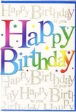 The front of this birthday card looks like a burst of joy ready to be handed over at a Bracknell celebration. In the centre, the words Happy Birthday span almost the entire width, rendered in generous, rounded letters that glow with a smooth rainbow transition. Each letter carries its own blend of shimmering colour-rich crimson sliding into rose, cobalt fading into turquoise, grassy green brightening into lemon yellow and apricot-much like the mix of shades you might see in a colourful bouquet arranged for a party near Great Hollands or Crown Wood. The finish appears silky and luminous, as if the ink has a gentle sheen that would catch the light as you tilt the card in your hands. Behind this bold greeting, the entire background is delicately overlaid with the repeated phrase Happy Birthday to you in fine, looping gold calligraphy. The handwriting-style script flows diagonally across the card in graceful lines, creating a soft, shimmering backdrop that resembles strands of golden ribbon or sunlight glinting on wet pavements after a shower in Bracknell town centre. The metallic gold suggests a subtle glitter effect, adding sparkle without overwhelming the eye. Scattered here and there are tiny, playful flecks and specks of colour, like miniature confetti pieces or sugar crystals dusted across the design, enhancing the festive feeling. The overall impression is one of light-hearted, sincere celebration-a modern yet warmly traditional birthday card that feels appropriate for all ages, perfect to pair with flowers for same-day delivery across Bracknell when you want your message to feel every bit as special as the day itself.