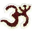 A reverent, hand-built floral depiction of the Om (Aum) symbol rests against a pure white background, its sculptural form carved from thousands of tiny, densely packed blossoms. The symbol's flowing '3'-like curve, the descending S-shaped stroke and the crescent with its small bindu are composed of deep maroon to burgundy chrysanthemum-like heads; up close each red bloom reveals a tiny lime-green eye that gives the mass a living, textured depth. A thick, undulating frame of pristine white spray chrysanthemums traces the outer edges and some of the inner negative spaces, the snow-white petals creating a crisp contrast that lifts the sacred form from the backdrop. The arrangement reads as soft and tactile-petals layered like velvet, cool to the imagined touch, petals catching a gentle studio light that throws a subtle shadow beneath the piece and suggests quiet three-dimensional presence. There is a faint earthy, late-summer scent implied by the close clustering of fresh blooms, a grounding aroma that would calm a meditation circle or offer comfort at a memorial. The craftsmanship is meticulous: each flower placed with precision to preserve the symbol's proportions and spiritual balance. This composition is suited to religious or contemplative settings-yoga and meditation gatherings, Hindu devotional ceremonies, or remembrance services-where the colour and texture convey both solemnity and warmth. As a local florist's tribute, it embodies careful artistry and respect, inviting silent reflection and a sense of unity with the cosmic sound the Om represents.