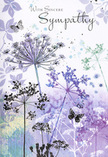 This sympathy card presents a tranquil, nature-inspired scene that could easily echo a hushed moment in one of Bracknell's green spaces. Fine, wavering stems emerge from the base, carrying airy umbels of wildflowers in layered tones of lavender, indigo, and soft blue, their rounded heads scattered with minute, lace-like florets. The blossoms appear semi-transparent at the edges, giving the impression of petals touched by light mist. Around them, the background blends gentle washes of muted purple, blue-grey, and silvery green, watered down like a delicate sky just before dusk over the fields near Peacock Farm. The transitions between colours are seamless, so the whole image feels like a soft exhale rather than a sharp picture. Floating gently among the flowers are a few pale butterflies, their wings rendered in subtle washes that almost merge with the air, hinting at transformation and the continuing presence of love beyond loss. There is an intentional spaciousness to the composition, with areas of quiet negative space that make the card feel open and breathable, not crowded. The overall atmosphere is one of respectful serenity, the kind of calm that invites a person to pause, remember, and feel held. For a Bracknell resident choosing a condolence card, this design offers a thoughtful, understated way to say I'm here, carried through whispered colours and the quiet grace of wildflowers and butterflies.