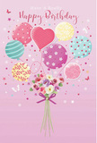 A softly enchanting birthday scene unfolds against a blush-pink backdrop, where pastel balloons and a fresh bouquet join to create a floating celebration that feels right at home in Bracknell. The composition begins with a cluster of balloons lifting gracefully upward: some round, some slightly elongated, and one unmistakably heart-shaped at the centre, all rendered in gentle shades of pink, mint green, lemon yellow, and lavender. Each balloon is decorated with its own joyful pattern-candy-coloured stripes that spiral playfully, scattered polka dots that look ready to dance, and small floral and swirl motifs that echo the charm of a local flower shop on a busy morning near Bracknell's high street. Below this airy display, a compact bouquet of roses and soft, anemone-like flowers gathers at the base, their petals brushed in creamy ivory, blush, and dusty mauve, with subtle shading that suggests fullness and freshness. The stems are neatly tied with a violet satin bow, whose glossy texture and flowing tails bring a sense of hand-crafted care. Tiny butterflies and star shapes hover around the arrangement, adding a light touch of fairy-tale magic, like wishes rising into the evening sky over the parks and residential streets of RG12. The entire design feels delicate yet joyful, capturing the spirit of a birthday meant to feel personal and cherished, much like receiving a hand-delivered bouquet on the doorstep from a thoughtful friend in Bracknell.