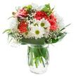 Vivid coral-pink carnations, crisp white chrysanthemums, and classic daisies come together in this joyful bouquet, expertly hand-tied and set in a clear glass vase, ready for same-day delivery across Bracknell. Each carnation is a flourish of ruffled, soft petals, while the daisies-each with their verdant, sun-bright centres-add a note of playful innocence evocative of wildflowers blooming nearby in Jennett's Park. Wispy clouds of baby's breath are woven throughout, imparting a subtle lightness and gentle fragrance that softens the bouquet's energetic colours. Tucked among the main blooms, a few closed buds of magenta alstroemeria suggest the promise of growth and new beginnings. The arrangement is bordered by sleek, deep green foliage-broad and slender-that frames the flowers in a lush embrace and anchors the display with fresh, organic beauty. The clean white background and the gleaming water in the vase further highlight the natural brightness of each bloom and the technical precision of the florist's design. Whether chosen to celebrate a special day, express thanks, or simply brighten a friend's home near Garth Hill College, this bouquet radiates Bracknell's spirit of generosity and new possibility.