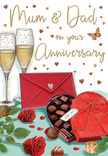 This illustrated anniversary card feels like stepping into an intimate celebration arranged with care, as if someone in Bracknell has prepared a quiet evening surprise. At the centre, two tall champagne flutes stand closely together, filled with shimmering golden fizz that suggests a shared toast and gentle laughter. The glasses catch the light, their delicate stems and rounded bowls glowing softly, while tiny bubbles rise through the sparkling wine like little sparks of joy. In front of them, a heart-shaped box of chocolates sits open, its rich red lid tilted back to reveal an inviting selection of truffles nestled in neat rows. A dramatic red satin bow wraps around the box, its loops full and slightly curved, adding a feeling of luxury and occasion. Just beside, two deep red roses rest on the surface, the petals full, velvety, and intricately layered, evoking the quality of a hand-picked bouquet from a trusted local florist. Their vivid crimson is balanced by glossy green leaves that frame the blooms, suggesting freshness and life. Scattered chocolates and a sprinkling of tiny hearts in shades of crimson and gold trail across the background, guiding the eye towards a tender message, possibly written for Mum & Dad. At the edge of the composition lies a sealed scarlet envelope, hinting at an affectionate handwritten note tucked inside. The overall mood is warm, cosy, and celebratory, capturing the sweetness of an anniversary spent reflecting on years of shared memories, good food, and simple pleasures together.